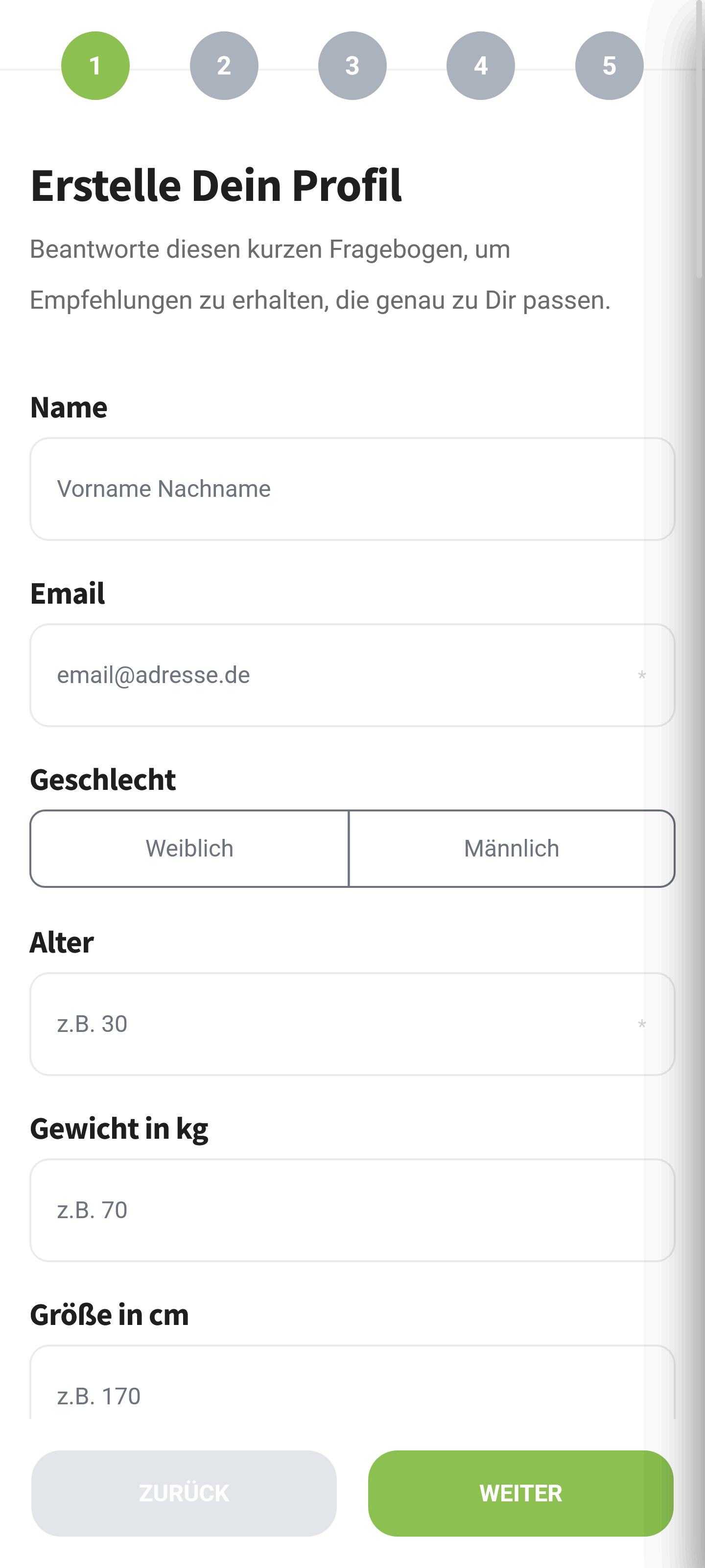 App Onboarding Screen 1: Persönliche Daten