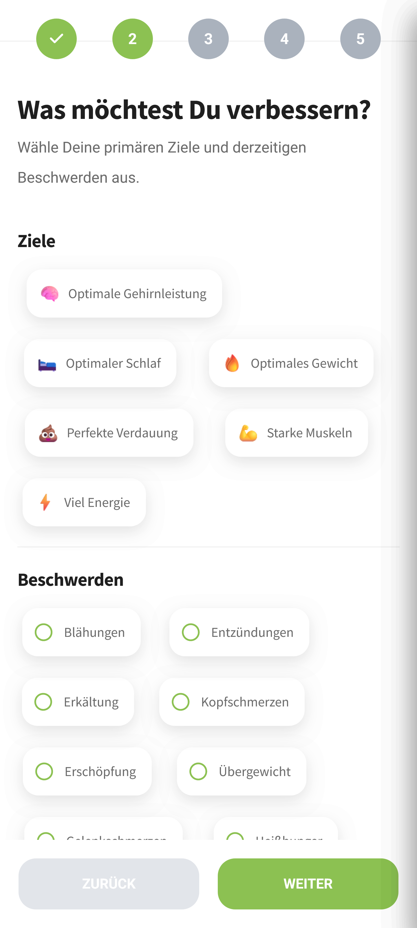 App Onboarding Screen 2: Ziele & Beschwerden